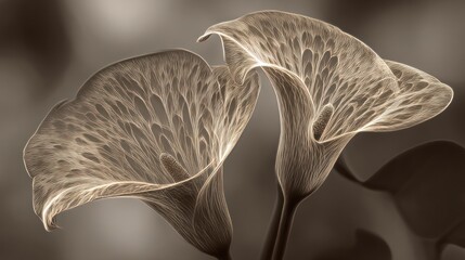 Artistic sepia toned depiction of two ethereal calla lilies in bloom