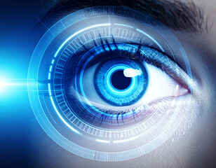 Close-up of a blue human eye with futuristic technology interface.