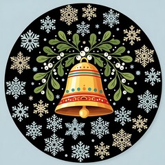 Christmas Decorative Circle Ornament with Golden Bell Mistletoe and Detailed Snowflakes on Black Background