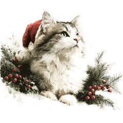 Beautiful Fluffy Longhair Cat Wearing Santa Hat Nestled in Christmas Pine Branches with Red Berries