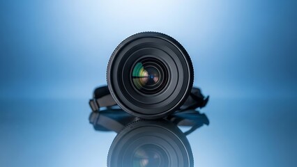 Black camera lens on reflective surface blue background