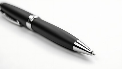 Black ballpoint pen with silver tip and clip on white background