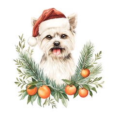 Cute Terrier Puppy Portrait Wearing Santa Hat with Christmas Pine Branches and Fresh Tangerines