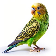 Side view of a green budgie parakeet standing on a plain white background