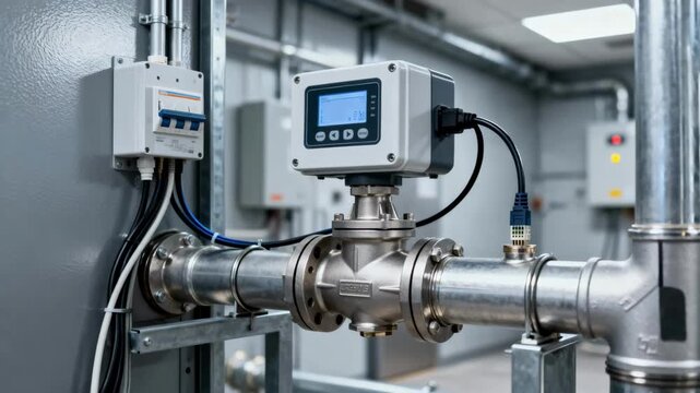 Medium shot of an integrated smart valve actuator installed inside a mechanical room demonstrating compact automation and enhanced efficiency in commercial water management