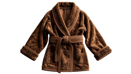 Luxurious brown fluffy bathrobe laid flat, with a belt and pockets on a dark background