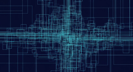 A complex network of blue and white lines interconnected on a dark background creating a futuristic digital abstract. Illustrates data connection and modern geometric pattern.