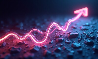 A glowing wavy line forms an upward arrow, symbolizing progress and positive growth on a dark, textured surface with blue light.