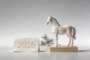 Elegant white porcelain horse with golden cloud details and a 2026 sign. Symbolizes prosperity, success, and a positive outlook for the New Year. Ideal for business and festive marketing.