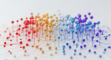 An abstract visualization featuring gradient-colored spheres interconnected by lines, set against a clean white backdrop, representing data flow and network connectivity.