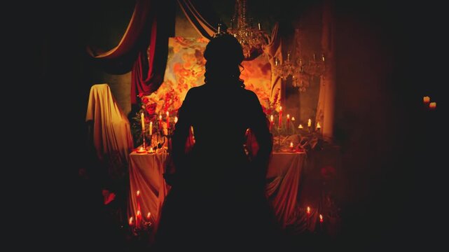 unrecognizable silhouette medieval lady walking in dark room, light of burning candles. fantasy woman queen victorian dress old style. Mysrtery gothic sexy girl princess. masquerade ball costume party