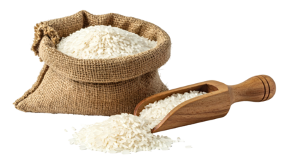 A burlap sack filled with white rice, grains spilling out onto a wooden scoop