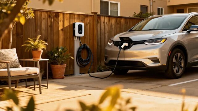 Medium shot of an electric vehicle plugged into a level 1 charger in a cozy urban apartment setting illustrating convenient slow charging options.