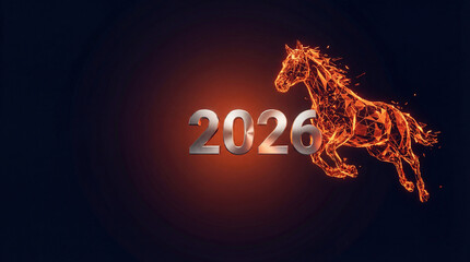 A dynamic digital rendering of the year 2026, featuring a vibrant, low-poly fiery horse symbolizing speed, innovation, and the future. 