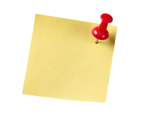 A yellow sticky note with a red pushpin on a transparent background