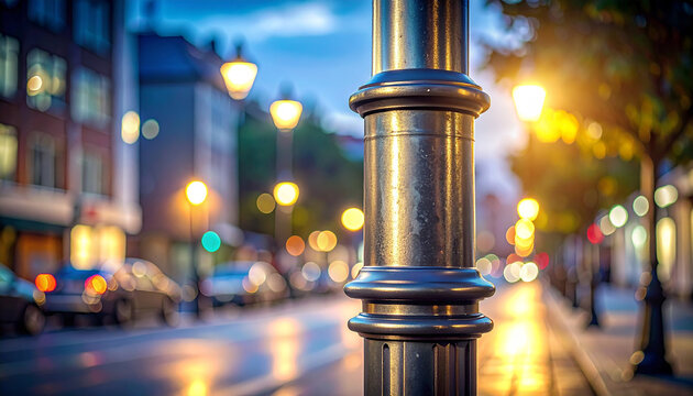 City Street Illumination: A close-up view of a metallic street lamp stands proudly on a city street at dusk, illuminating the scene.