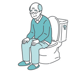 トイレに座ってリラックスしている高齢男性のイラスト（快便・排泄・介護）