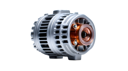 A close-up view of a car alternator on a transparent background