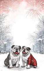 Festive Winter Frame Illustration with Two English Bulldogs Watching New Year Fireworks in a Snowy Park