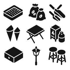 Icon set: food, outdoor, furniture, and tools in black and white silhouette