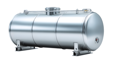 A large stainless steel industrial tank on a metal stand against a transparent background