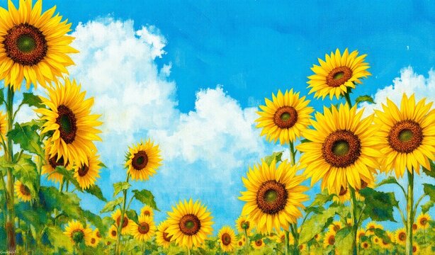 A vibrant field of yellow sunflowers stretches under a bright blue sky with fluffy white clouds, capturing the essence of a sunny day. - Powered by Adobe