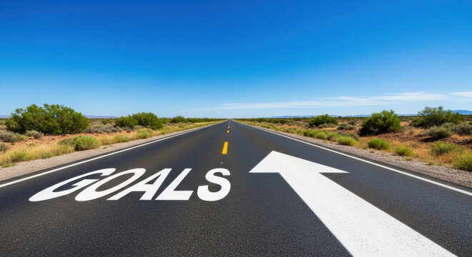 A low angle shot of an asphalt road with a painted white arrow and the word 'GOALS' on it, set against a clear blue sky. The image represents future and direction.