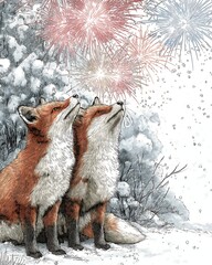 Two Cute Red Foxes Watching Colorful New Year Fireworks in a Snowy Winter Forest Illustration