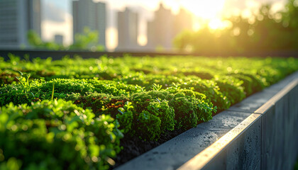Urban Oasis: A close-up showcases a lush green roof, offering a sustainable escape amidst the city's concrete jungle, with the sun casting a golden glow.