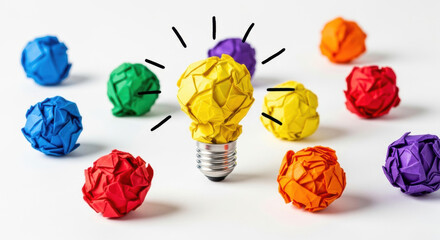 A bright yellow paper light bulb stands out among colorful crumpled papers on a white background, symbolizing innovative ideas and creative solutions.