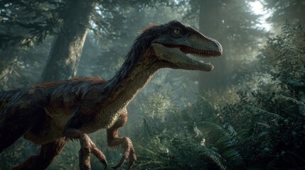 Obraz premium A digital painting showcasing a raptor amidst lush, sun-dappled forest foliage with intense gaze