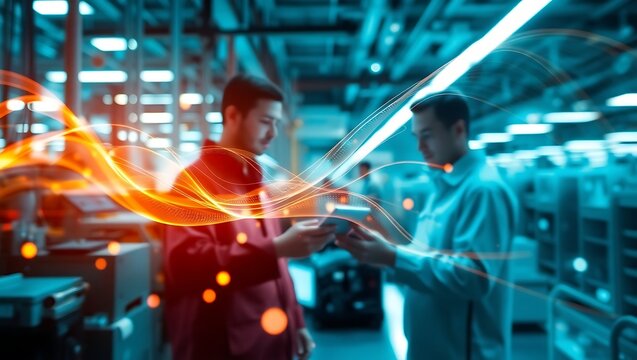 Generative AI futuristic warehouse scene depicting two young men collaborating with holographic - Powered by Adobe