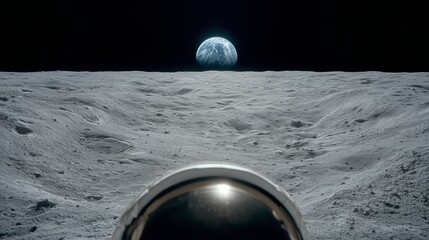Moon surface landscape with astronaut helmet in foreground. Gray lunar regolith with craters, Earth rising on horizon, deep black sky, space exploration concept.