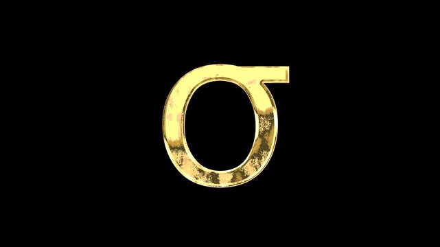 Gold Greek lowercase alphabet &ldquo;&sigma;&rdquo;, light reflecting and patterns shifting, alpha channel