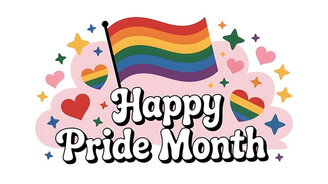 Vibrant pride month celebration with rainbow flag and hearts
