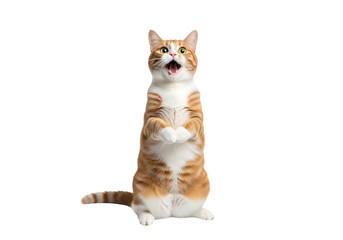 Surprised cat standing upright looking forward