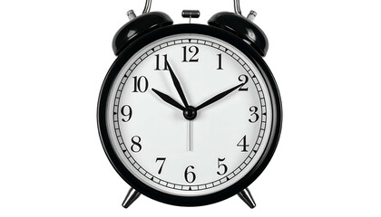 A classic black and white alarm clock showing the time