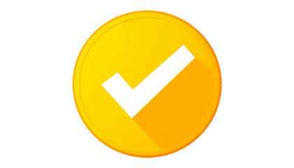 A stylized gold coin with a white checkmark, flat design, shadow on black background
