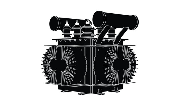 Black and white outline graphic of a detailed industrial power transformer for electrical energy distribution isolated on white background