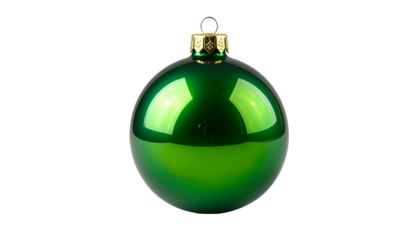 A glossy, vibrant green Christmas ornament with a gold cap, isolated on black