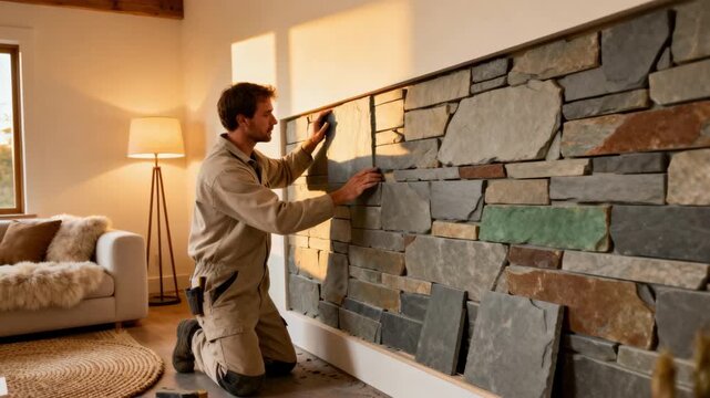 Skilled installer carefully aligns natural slate stone veneer panels on a modern interior wall enhancing room texture with rustic elegance in a cozy living space.