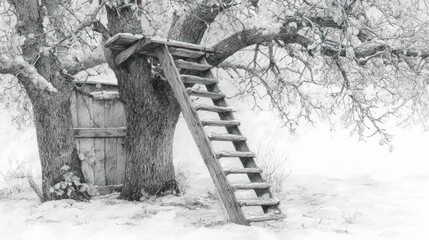 Winter scene snowy tree with ladder leading to a wooden platform in its branches