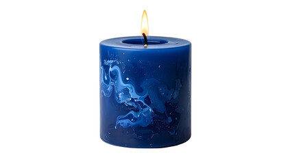 A lit, deep blue cylindrical candle with marbled white patterns against a black background