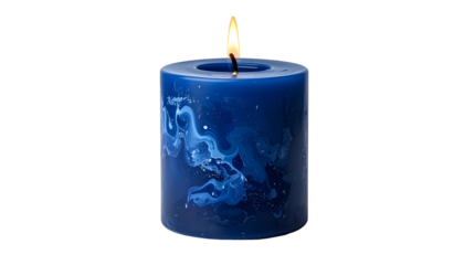 A lit, deep blue cylindrical candle with marbled white patterns against a black background