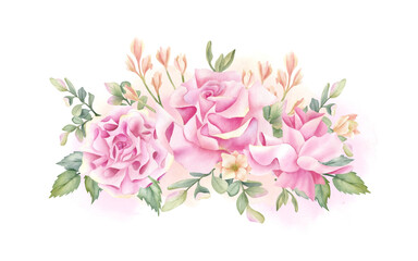 Pink rose floral composition, delicate beige flowers, pistachio leaves. Pastel botanical warecolor Illustration isolated from background for wedding invitation, birthday card, spring decoration