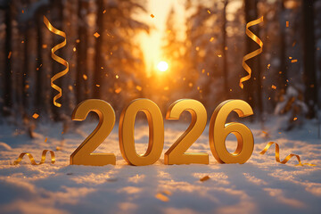 Golden 2026 in Sunset Winter Forest with Snow and New Year