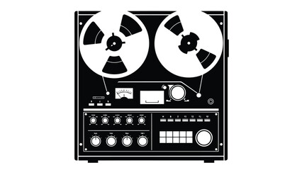 Flat design black silhouette vector icon of vintage reel-to-reel tape recorder for audio recording and music playback isolated on white background