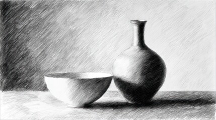 Charcoal drawing of a ceramic bowl and vase, shaded with light and shadow