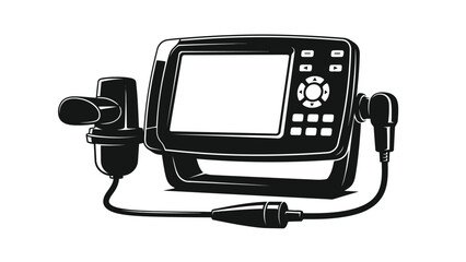 Black silhouette of a GPS device with headphones and microphone on a isolated on white background