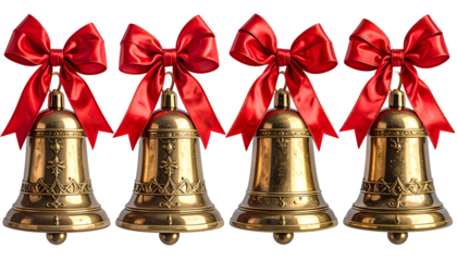 Four golden bells with ornate detail, each adorned with a vibrant red bow